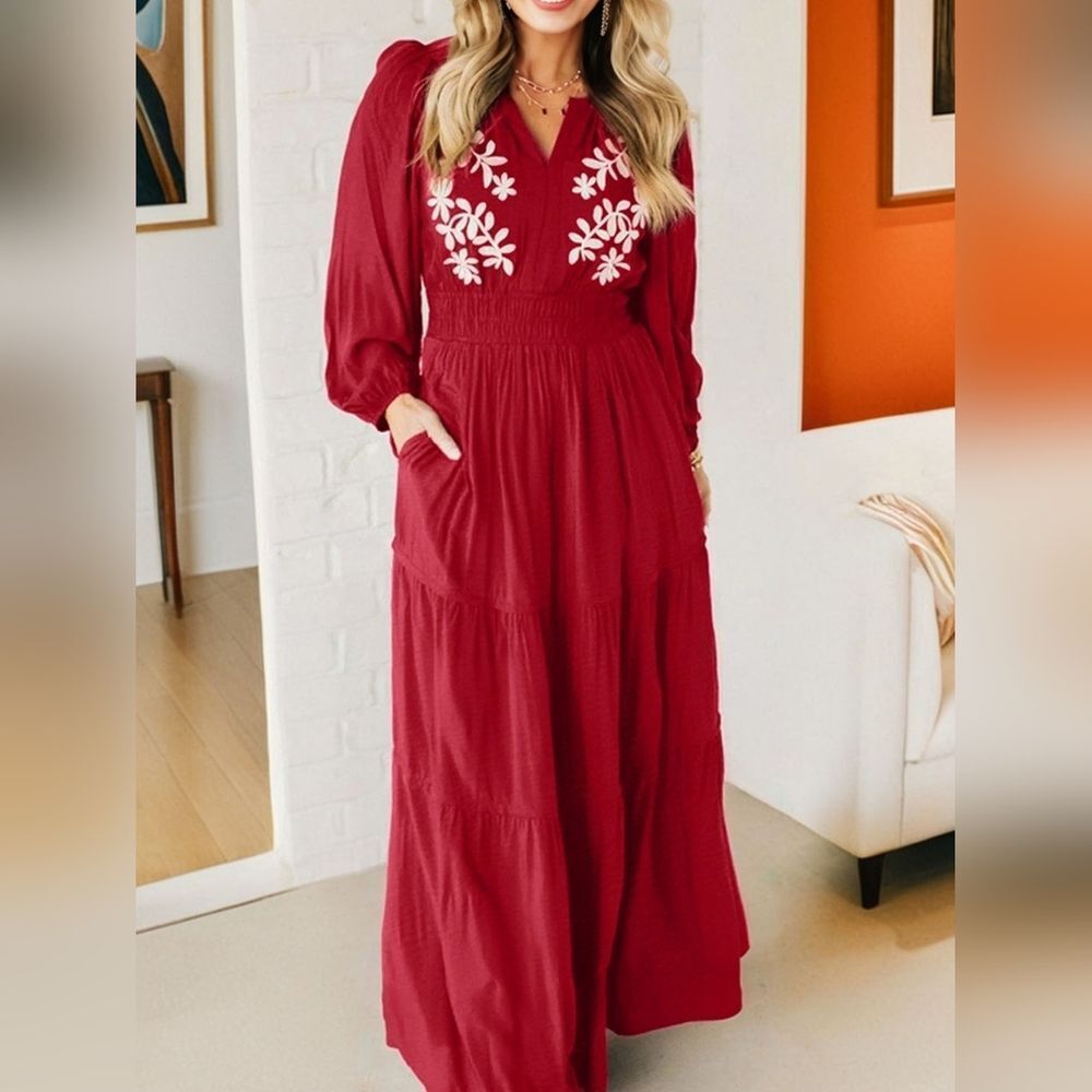 Contrast Embroidered Detail Cinched Waist Tiered Long Sleeve Maxi Dress